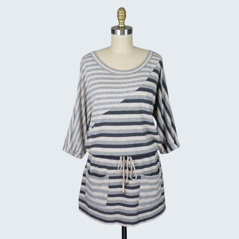 MARC BY MARC JACOBS STRIPED GRAY DRAWSTRING WAIST MINI DRESS